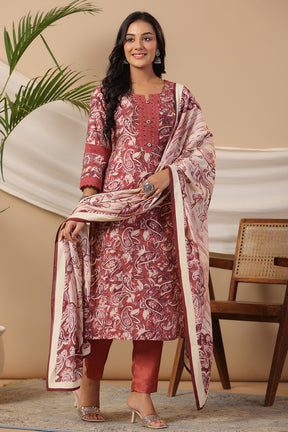 Rust Color Muslin Printed Straight Suit