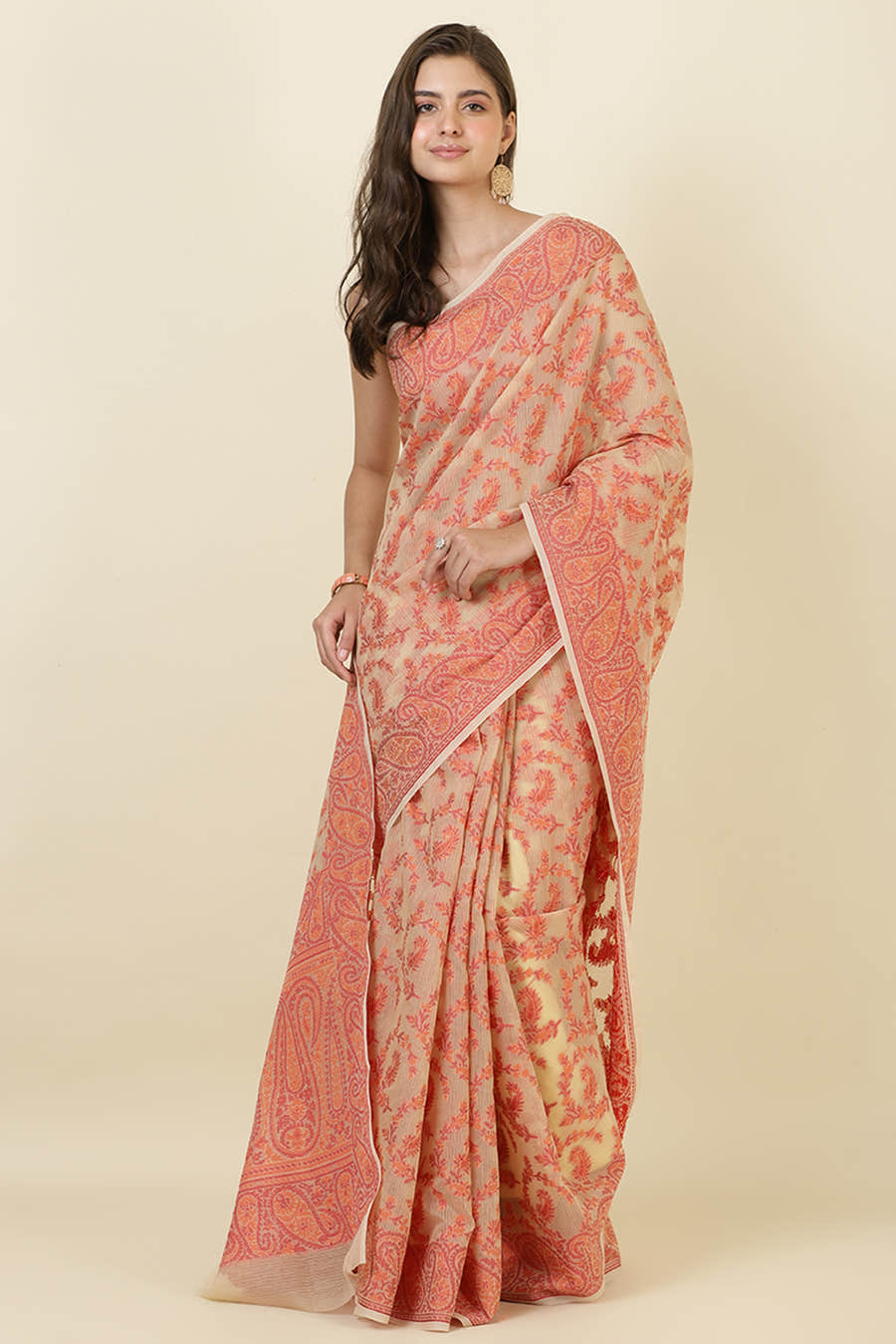 Beige Cotton Resham Woven Saree