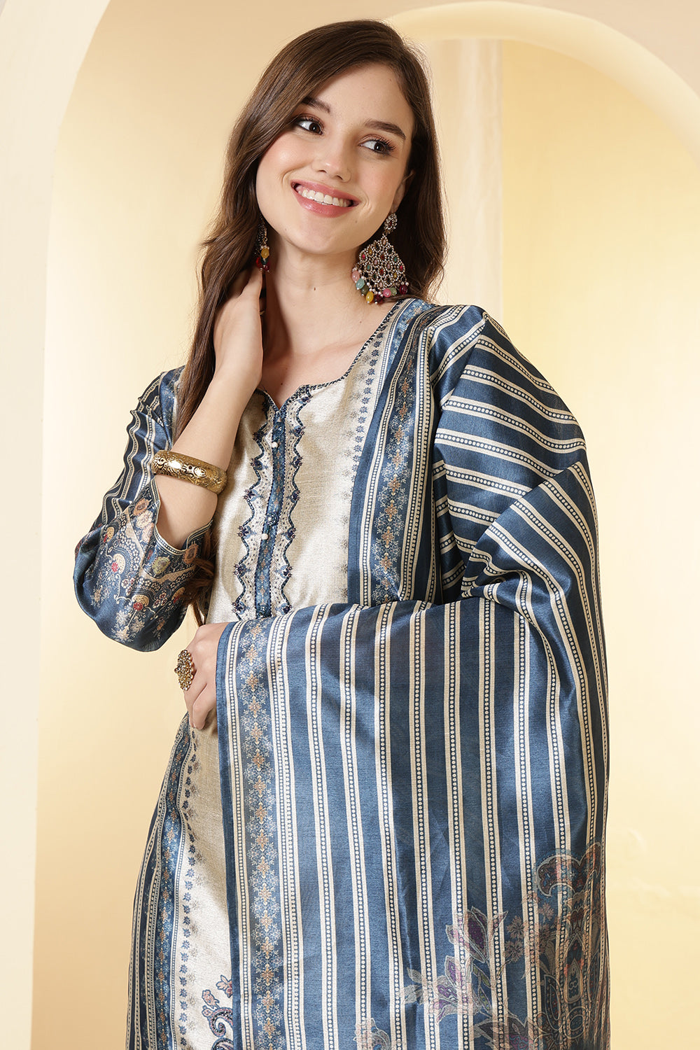 Blue Color Chanderi Silk Printed Straight Suit