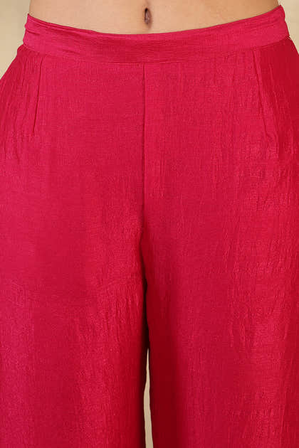 Cherry Red Crepe Silk Neck Embroidered Suit