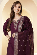 Dark Scarlet Silk Embroidered Suit Set