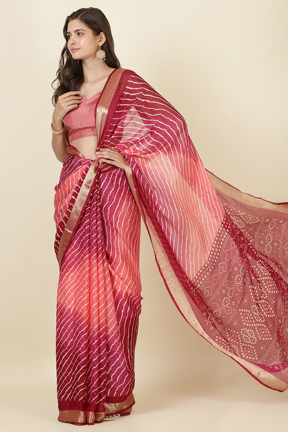 Wine Georgette Leheriya Printed Saree