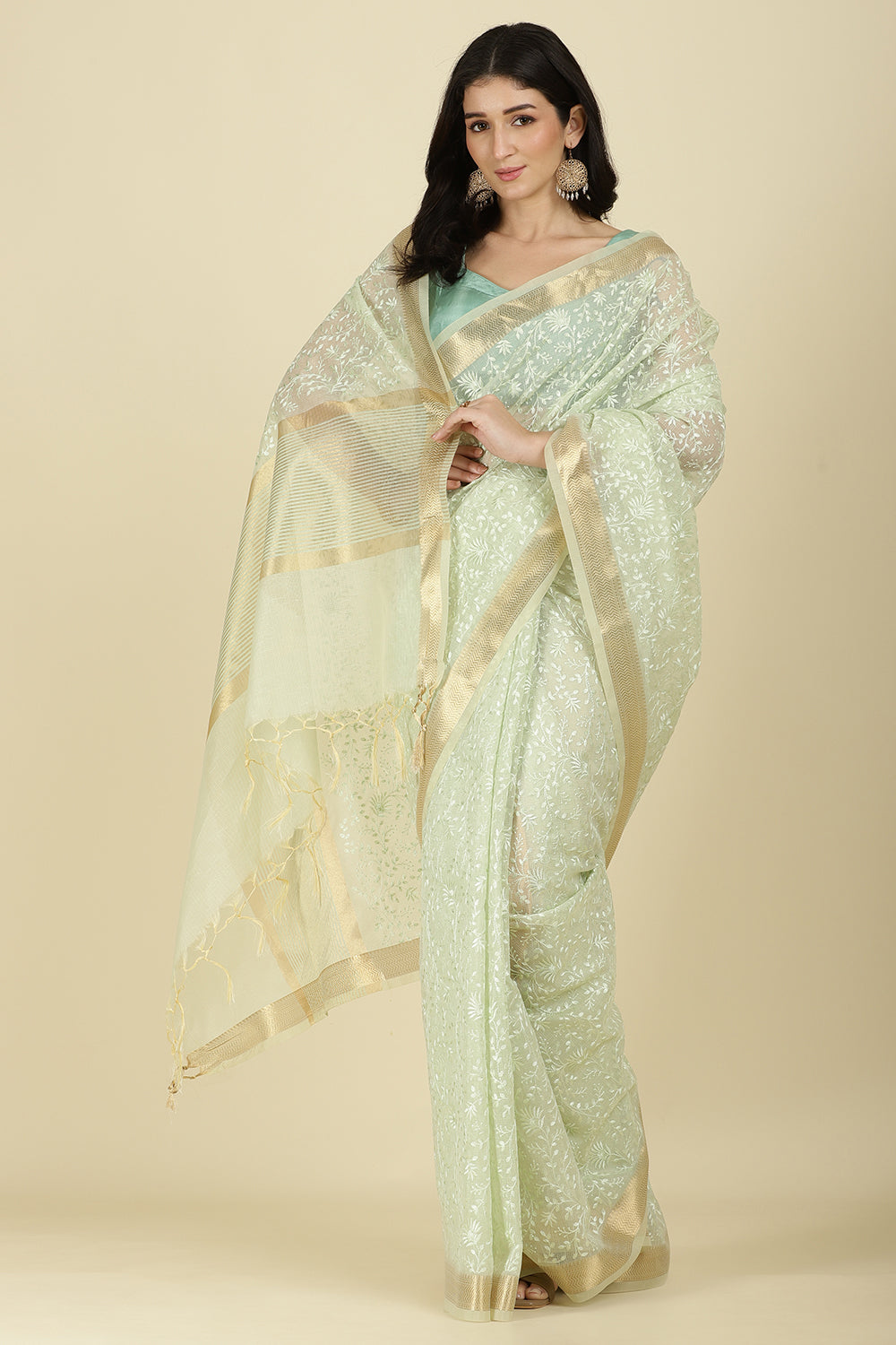 Pista Green Kota Cotton Floral Resham Woven Saree