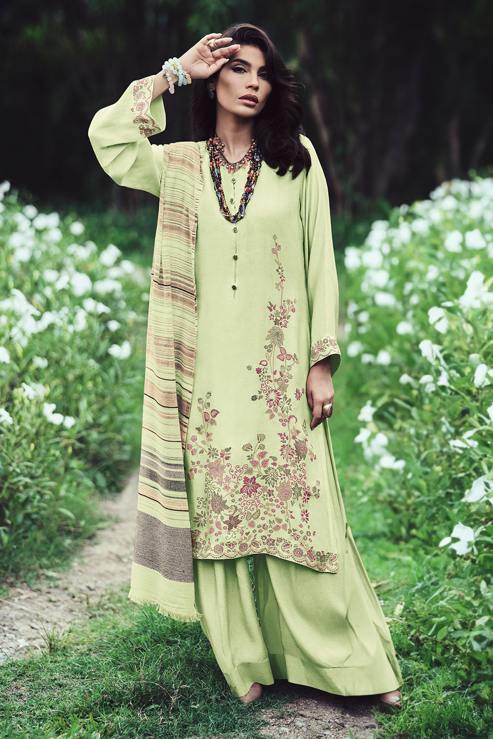 Pista Green Colour Pashmina Embroidered Unstitched Suit Material