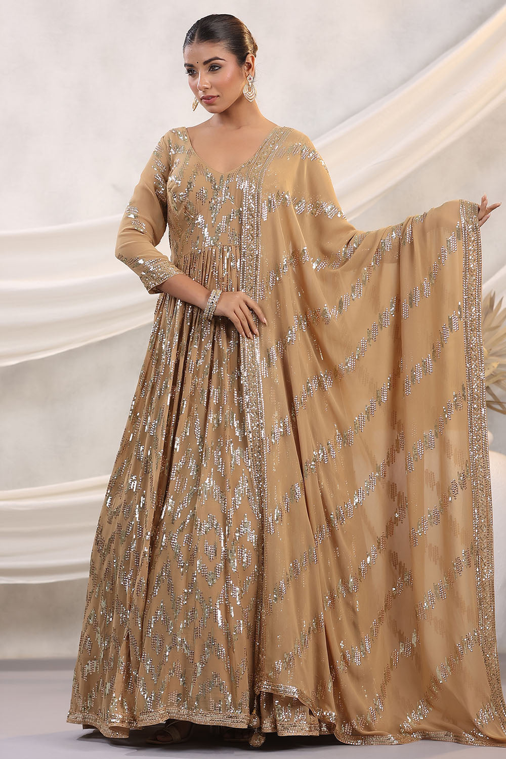 Long Grand Anarkali Dress Fawn Color Georgette Sequins Embroidered Floor Length Anarkali Long Grand Anarkali Dress Fawn Color Georgette Sequins Embroidered Floor Length Anarkali