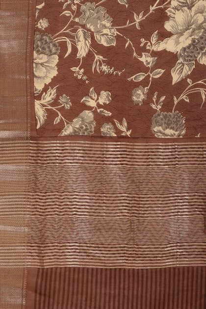 Brown Cotton Silk Floral Printed & Zari Border Saree