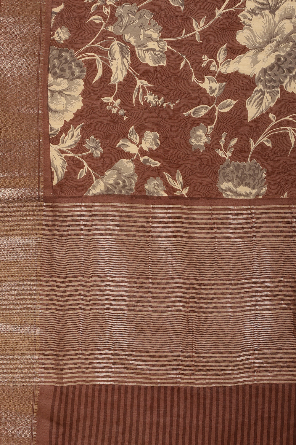 Brown Cotton Silk Floral Printed & Zari Border Saree