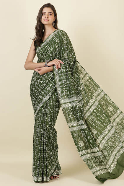 Green Cotton Dhabu Printed Saree