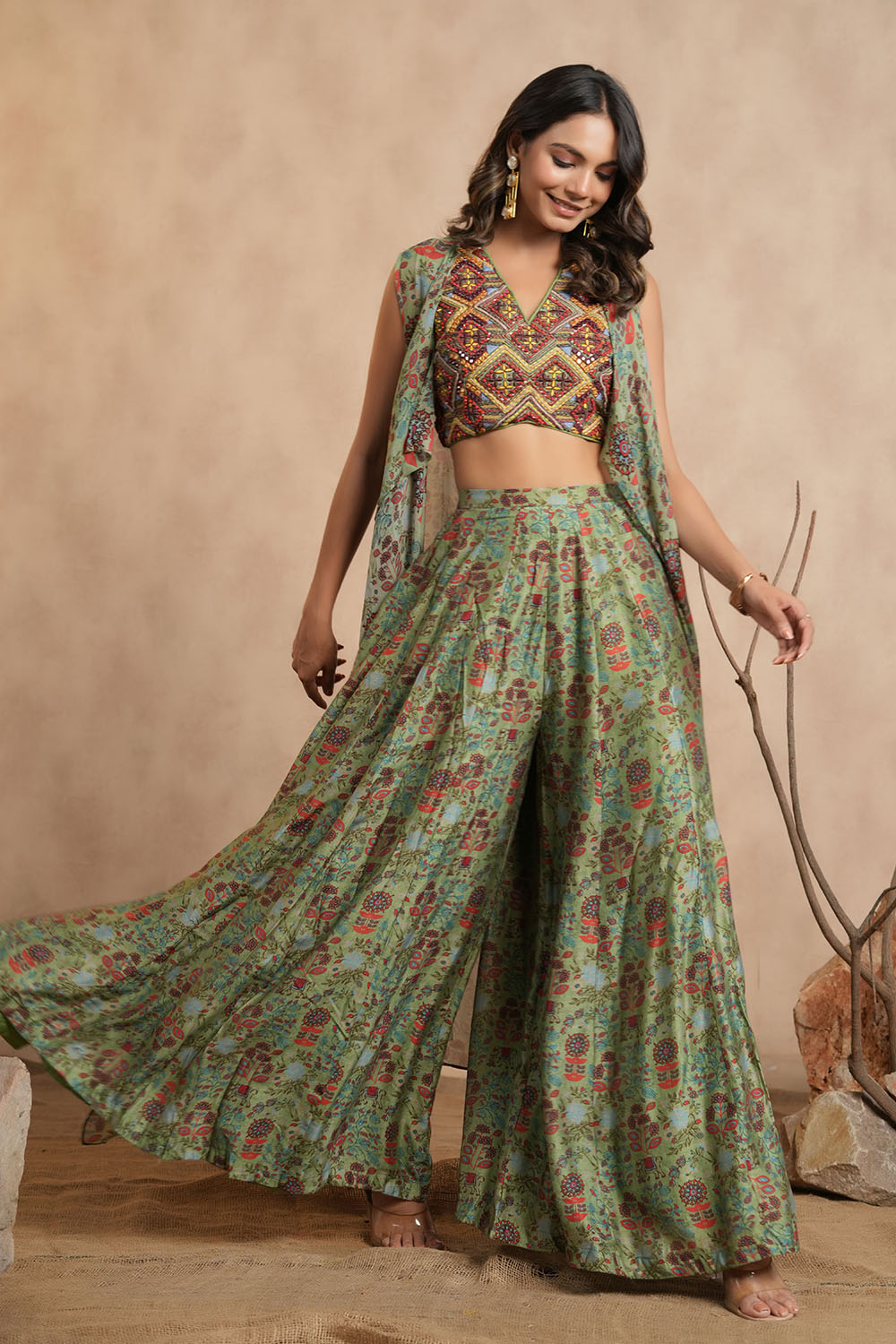 Pista Green Colour Chinon Embroidered Crop-Top and Printed Palazzo Set With Shrugs