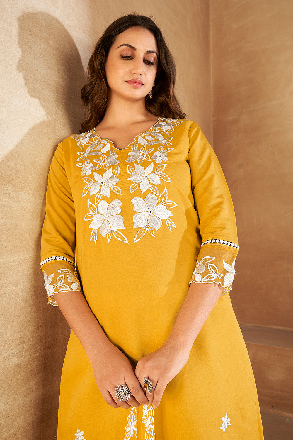 Mustard Color Muslin Resham Embroidered Suit