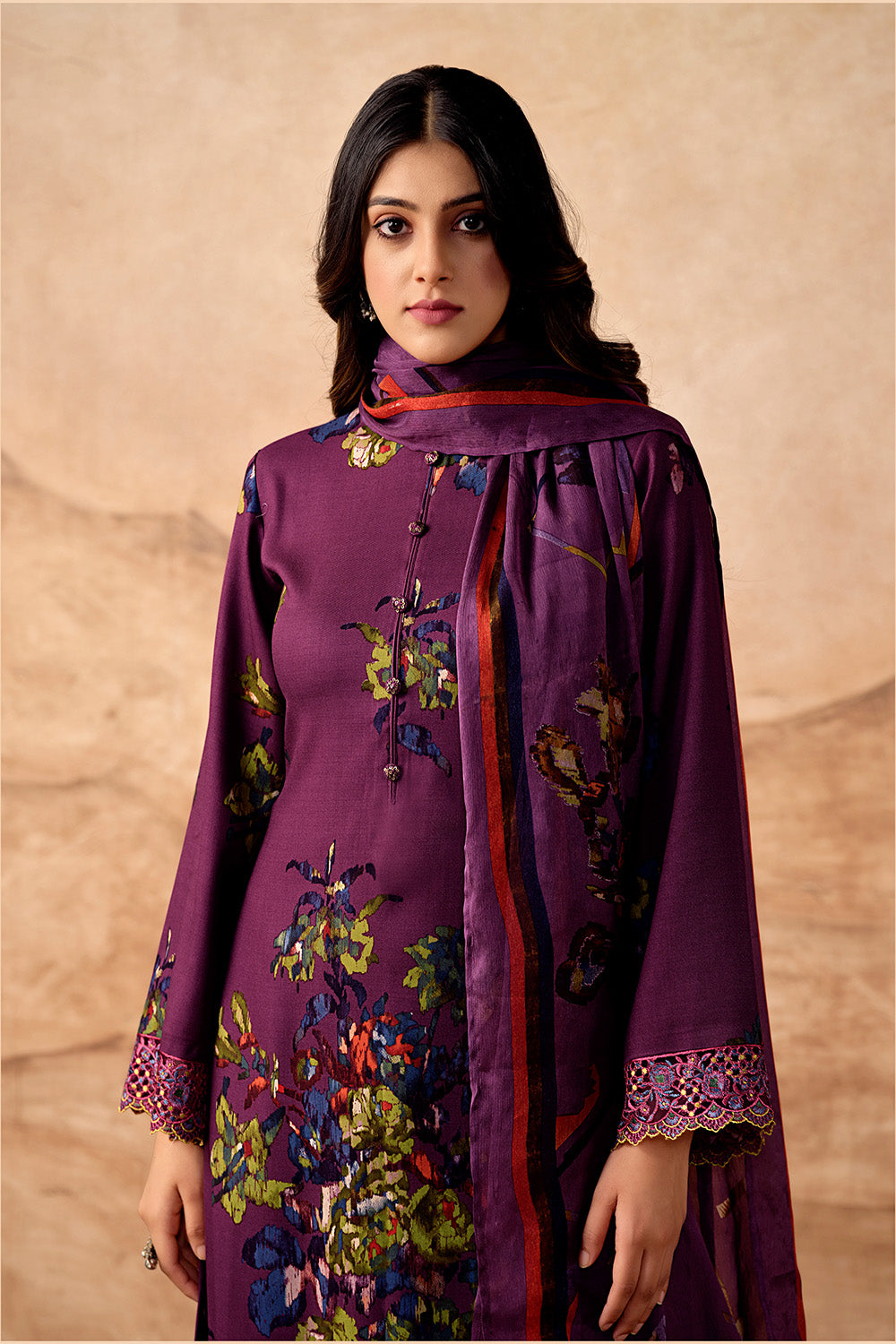 Wine Color Spun Printed Unstitched Suit Fabric