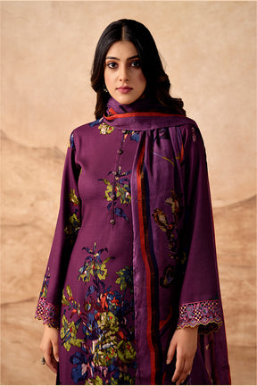 Wine Color Spun Printed Unstitched Suit Fabric