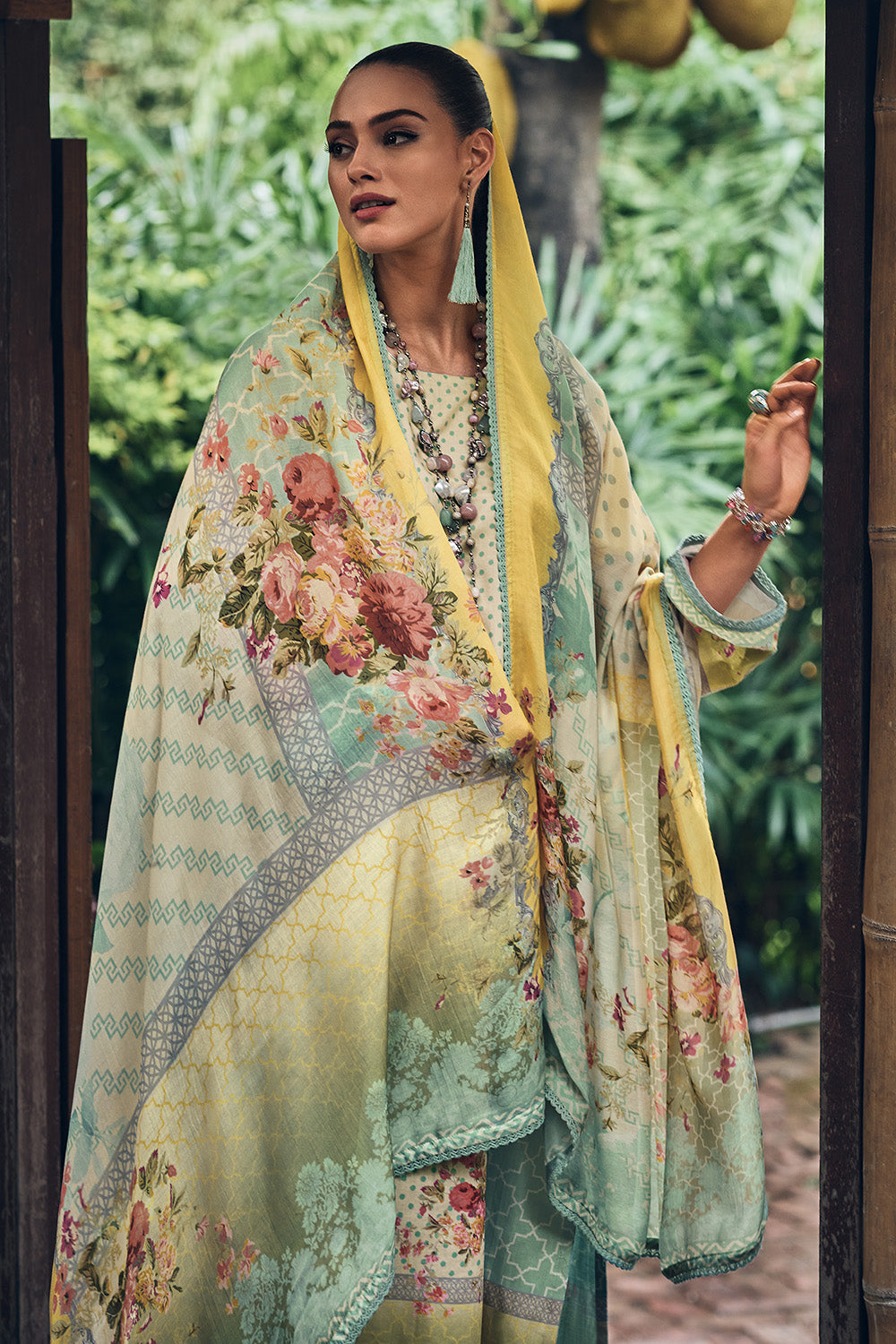 Sea Green Color Cotton Printed Unstitched Suit Material