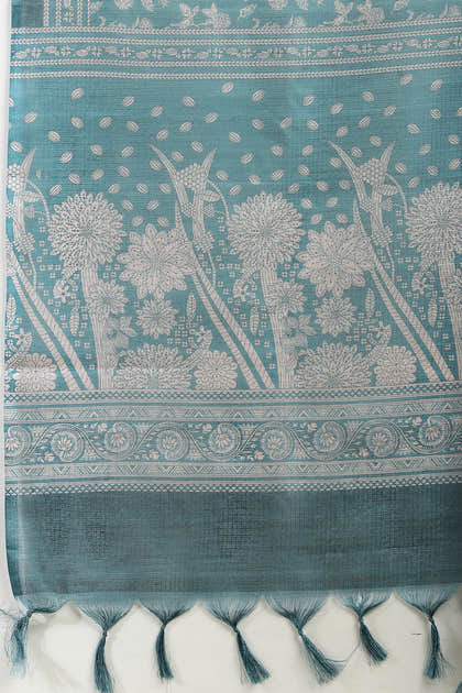 Teal Kota Cotton Floral Jaal Printed Saree