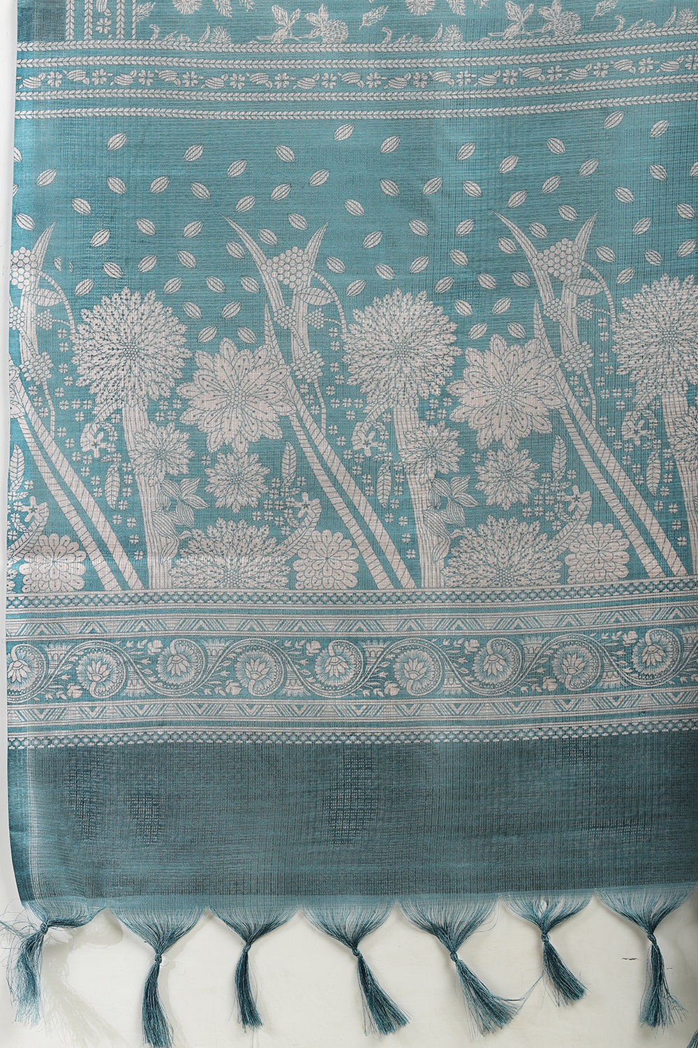 Teal Kota Cotton Floral Jaal Printed Saree