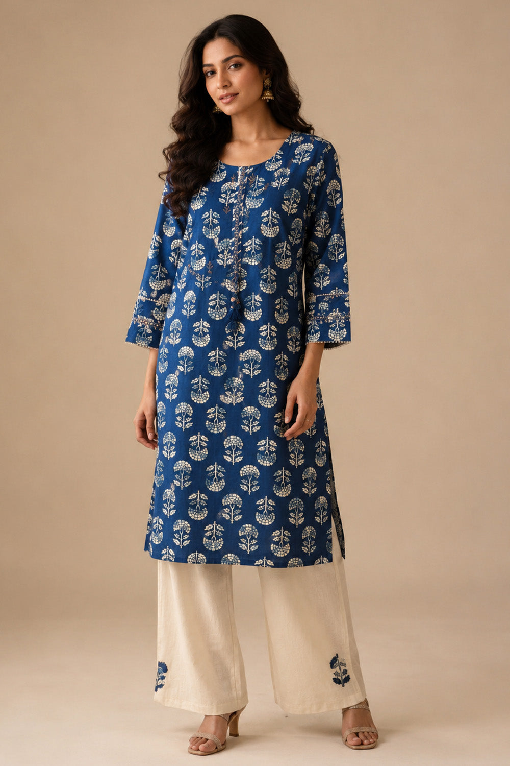Blue Floral Printed And Neck-Embroidered  Cotton Kurta Set