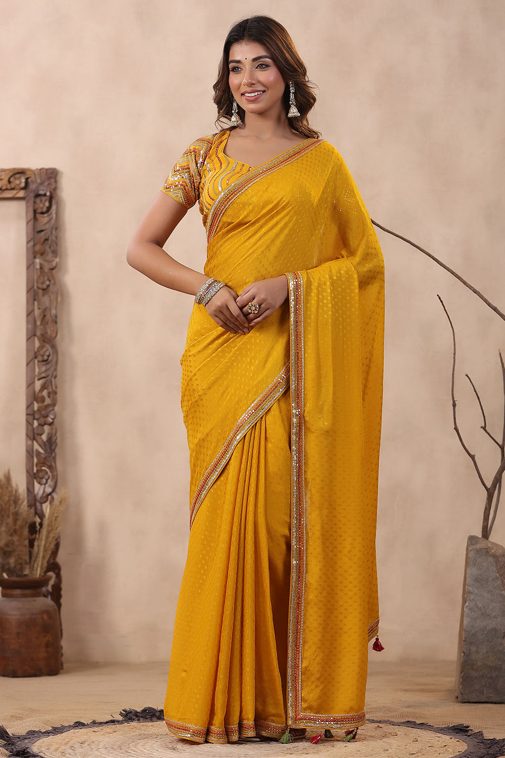 Mustard Color Jacquard Crepe Woven Saree With Readymade Blouse