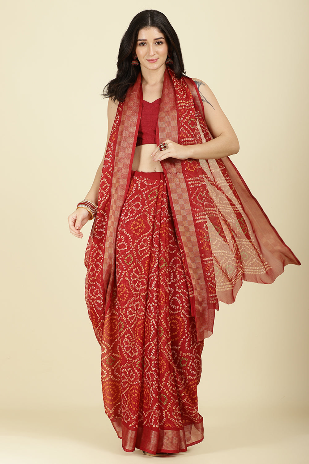 Maroon Color Chiffon Bandhani Printed Saree