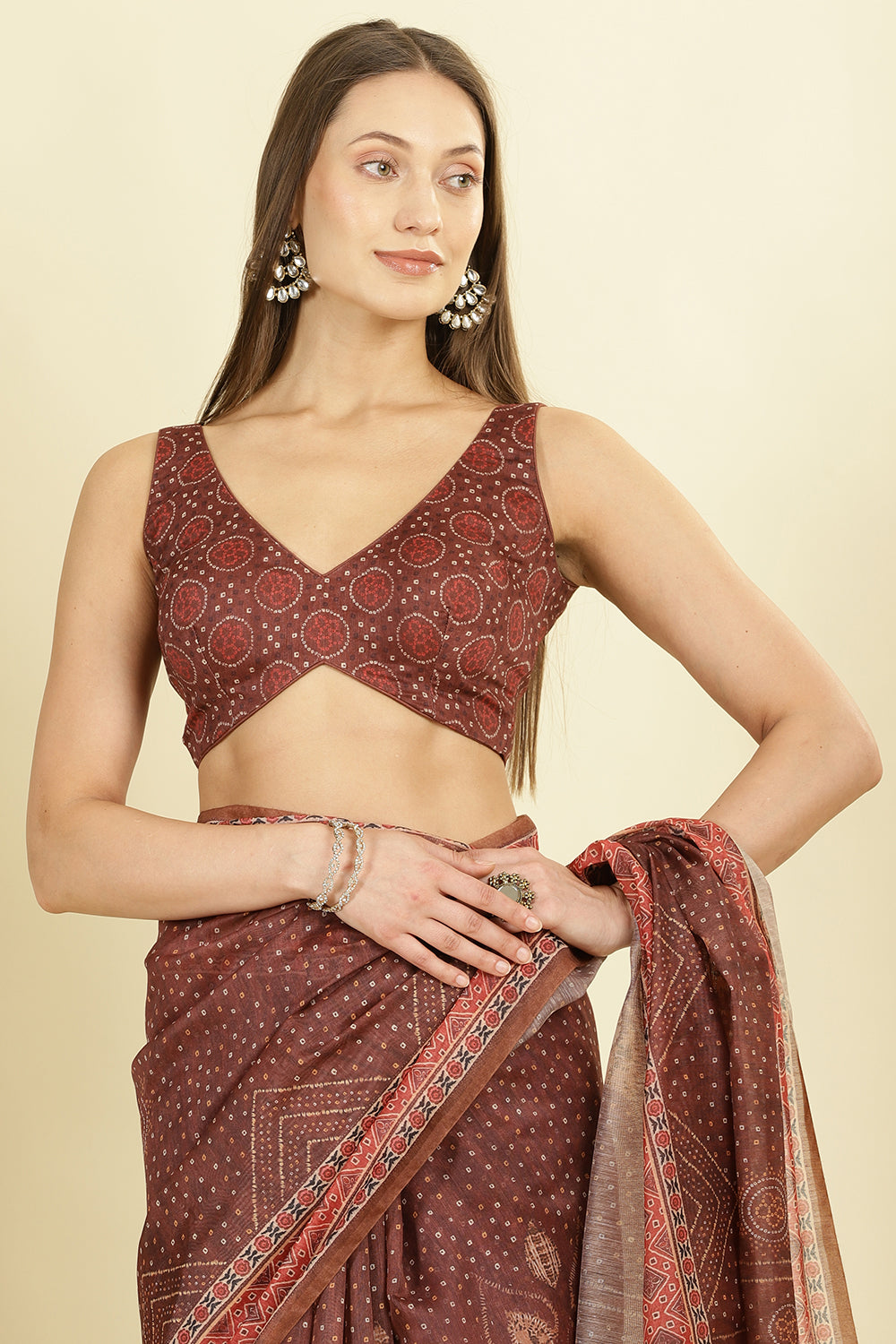 Brown Organza Cotton Bandhani Block Printed Saree