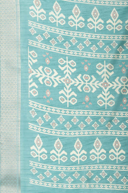 Turqouise Cotton Silk Printed And Zari Woven Saree