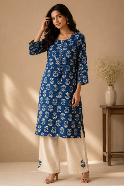 Blue Floral Printed And Neck-Embroidered  Cotton Kurta Set