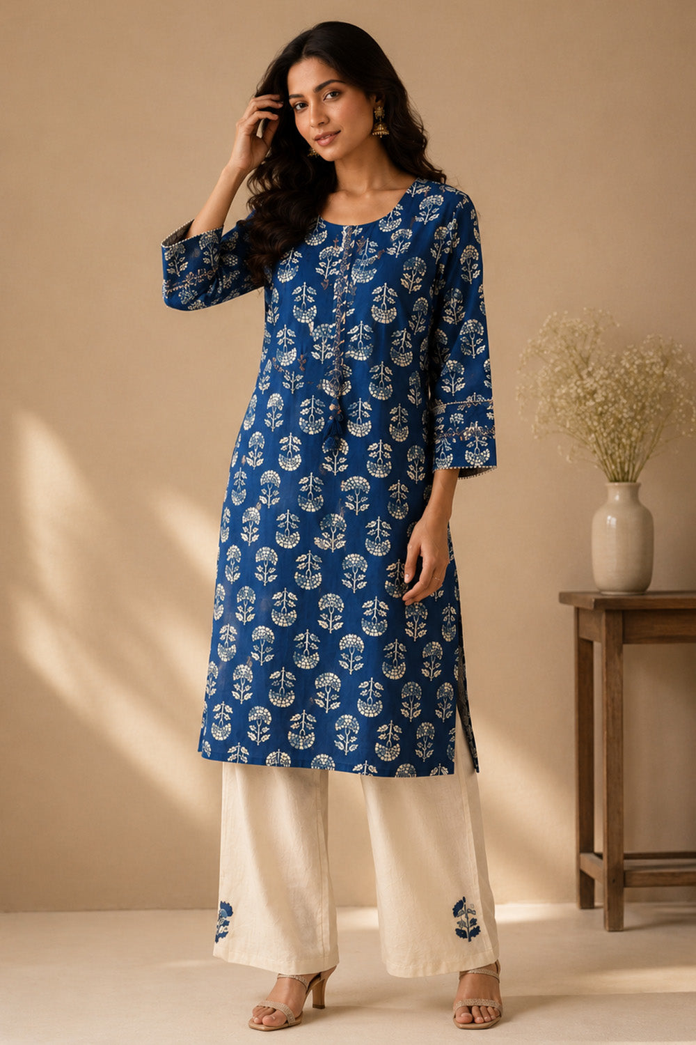 Blue Floral Printed And Neck-Embroidered  Cotton Kurta Set