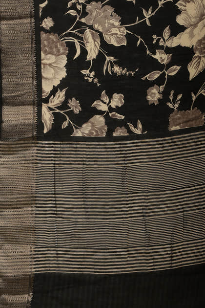 Black Cotton Silk Floral Printed & Zari Border Saree