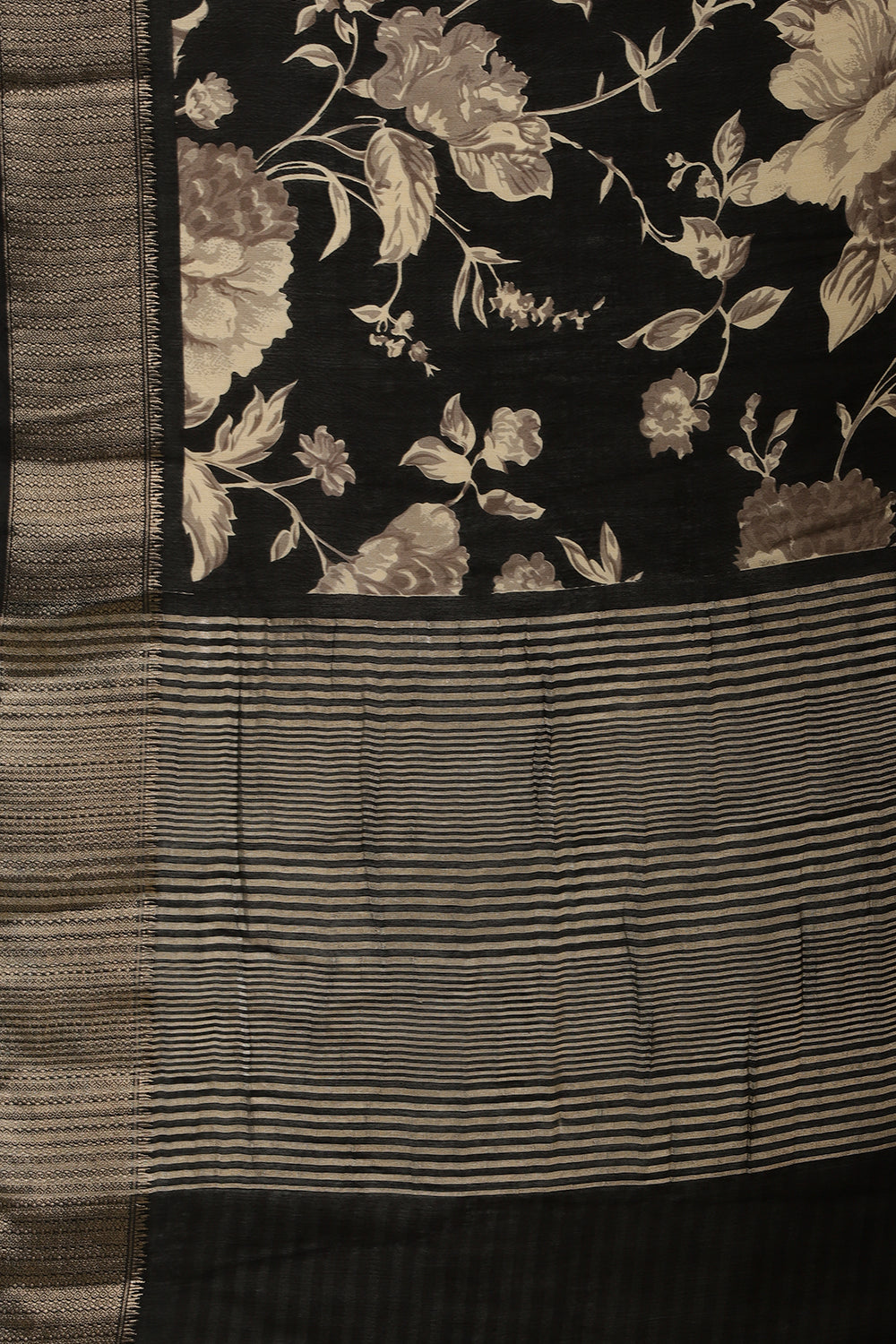 Black Cotton Silk Floral Printed & Zari Border Saree