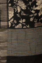 Black Cotton Silk Floral Printed & Zari Border Saree