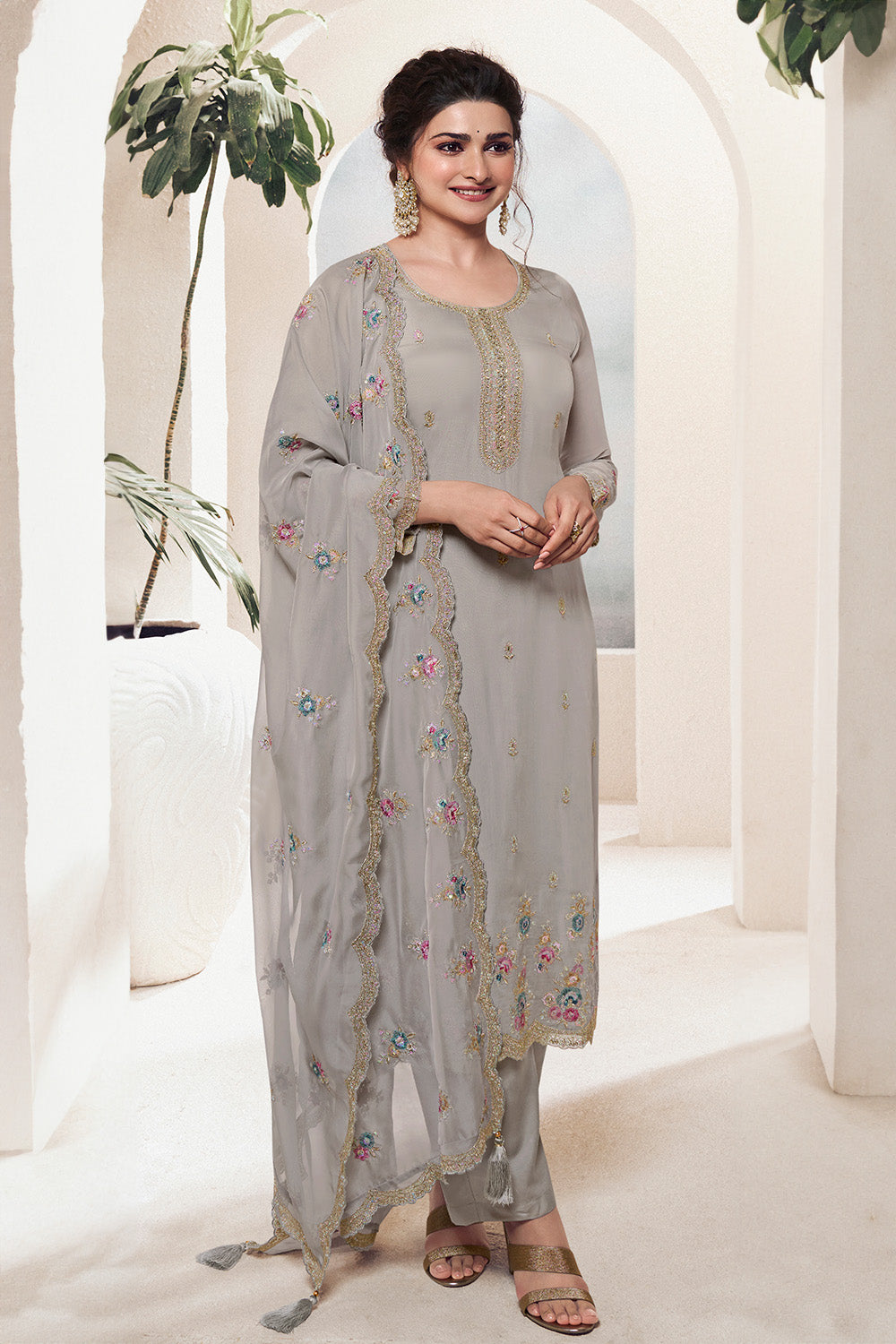 Grey Color Organza Embroidered Unstitched Suit Material