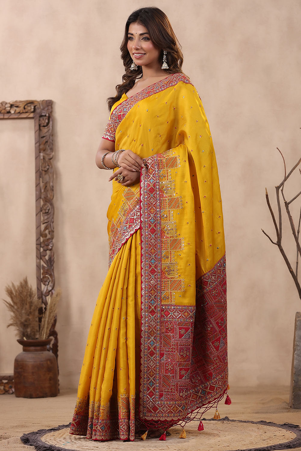 Mustard Color Embroidery Silk Saree