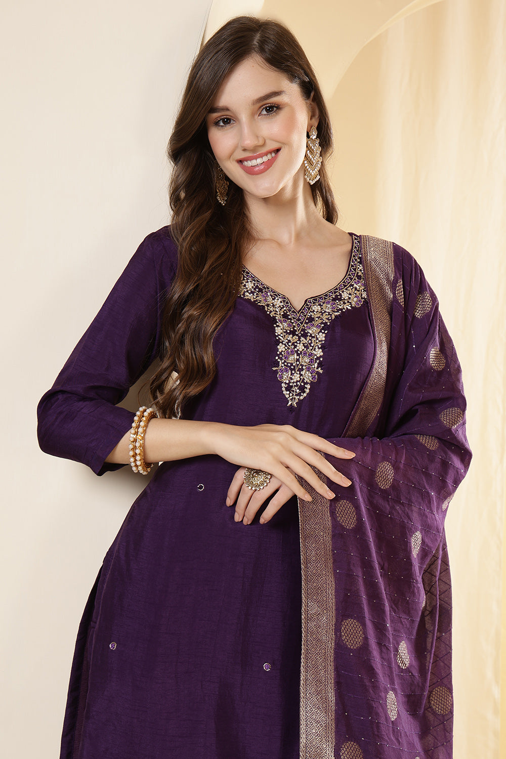 Purple Color Silk Neck Embroidered Suit Set
