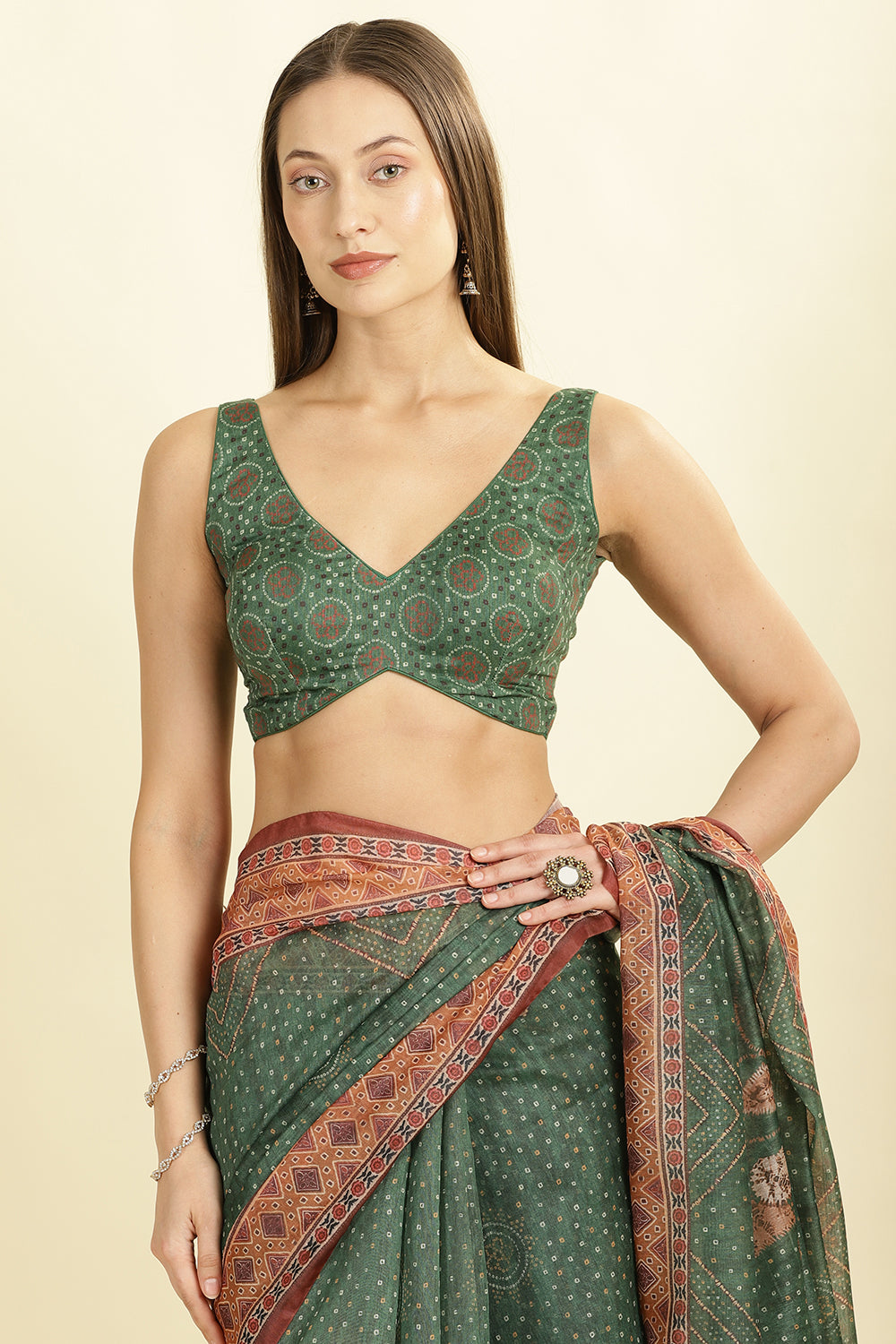 Green Organza Cotton Bandhani Block Printed Saree