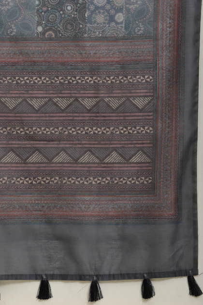 Grey & Blue Cotton Silk Printed Saree