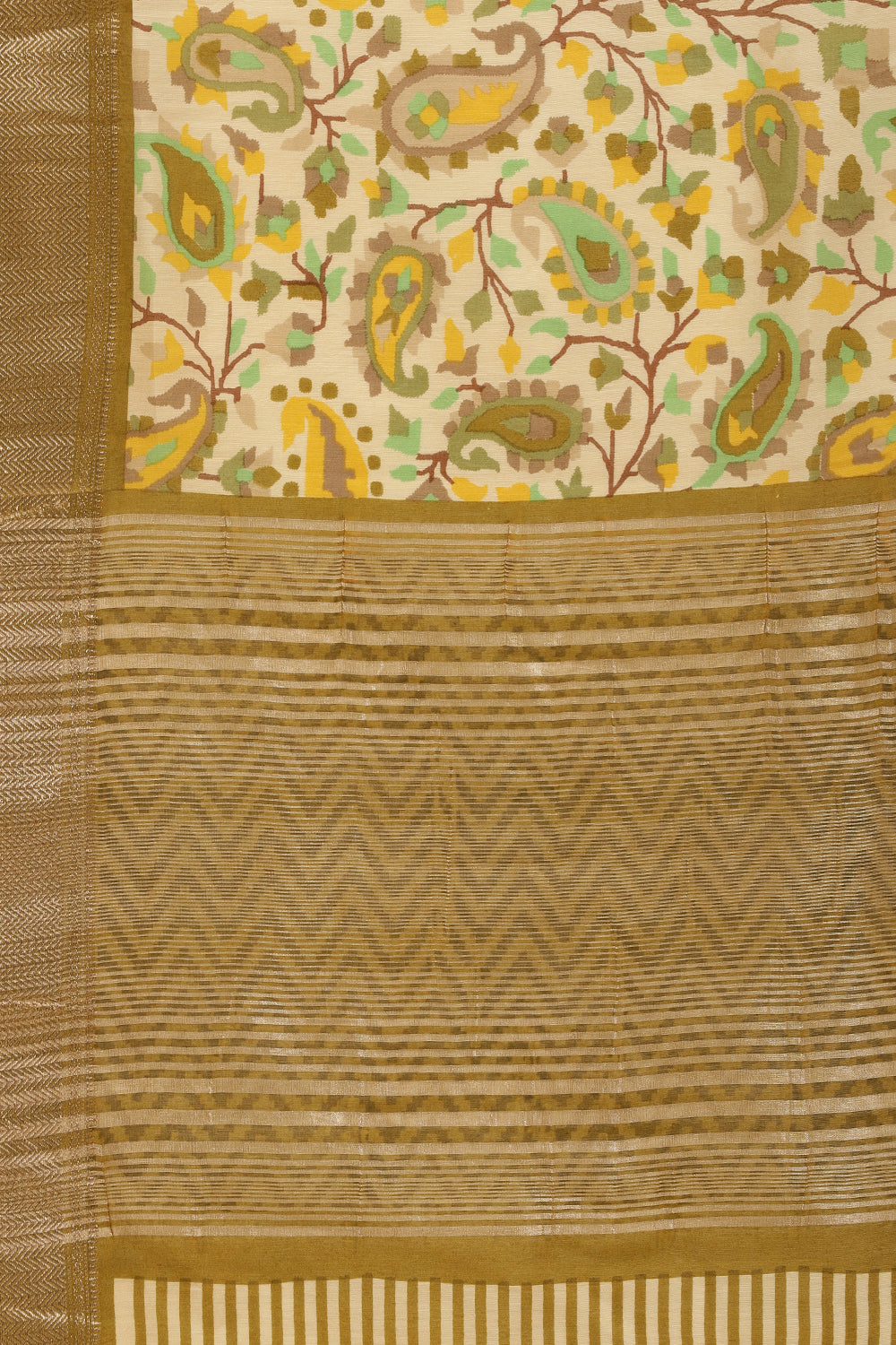Olive Green & Beige Cotton Silk Floral Boota Printed Saree