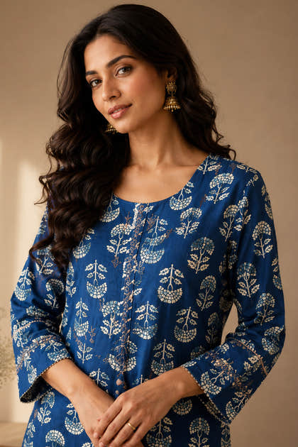 Blue Floral Printed And Neck-Embroidered  Cotton Kurta Set