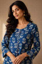Blue Floral Printed And Neck-Embroidered  Cotton Kurta Set