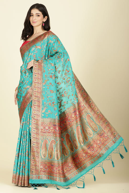 Teal Silk Madhubani Woven Saree
