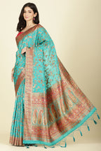 Teal Silk Madhubani Woven Saree