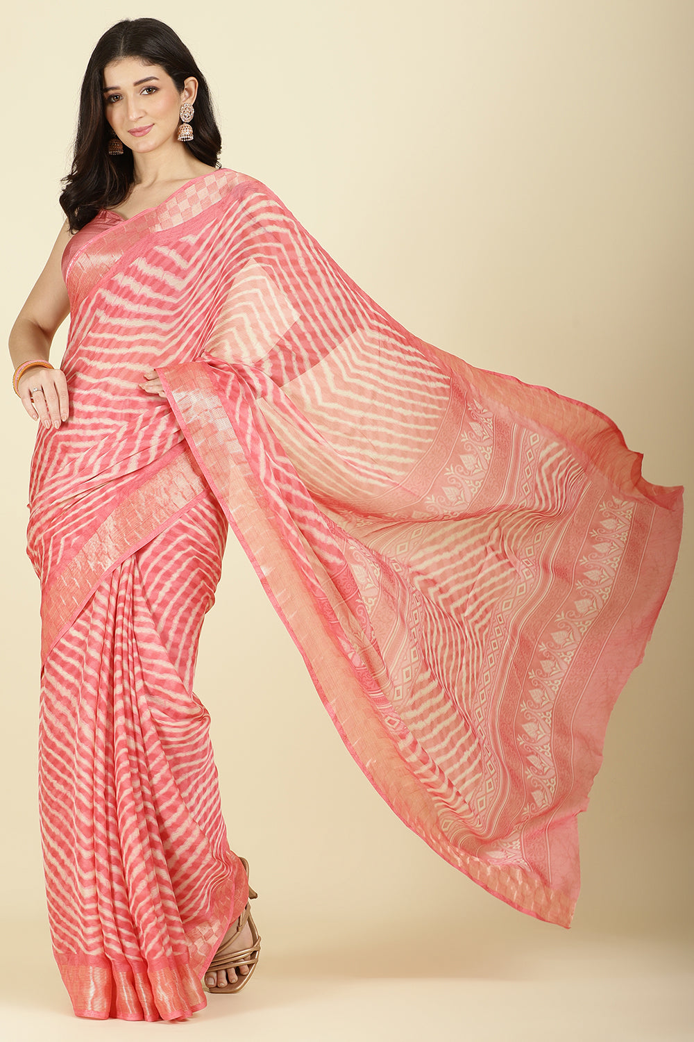 Pink Color Chiffon Leheriya Printed Saree
