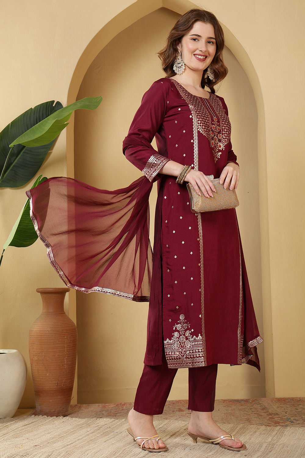Burgundy Color Cotton Silk Printed & Neck Embroidered Suit