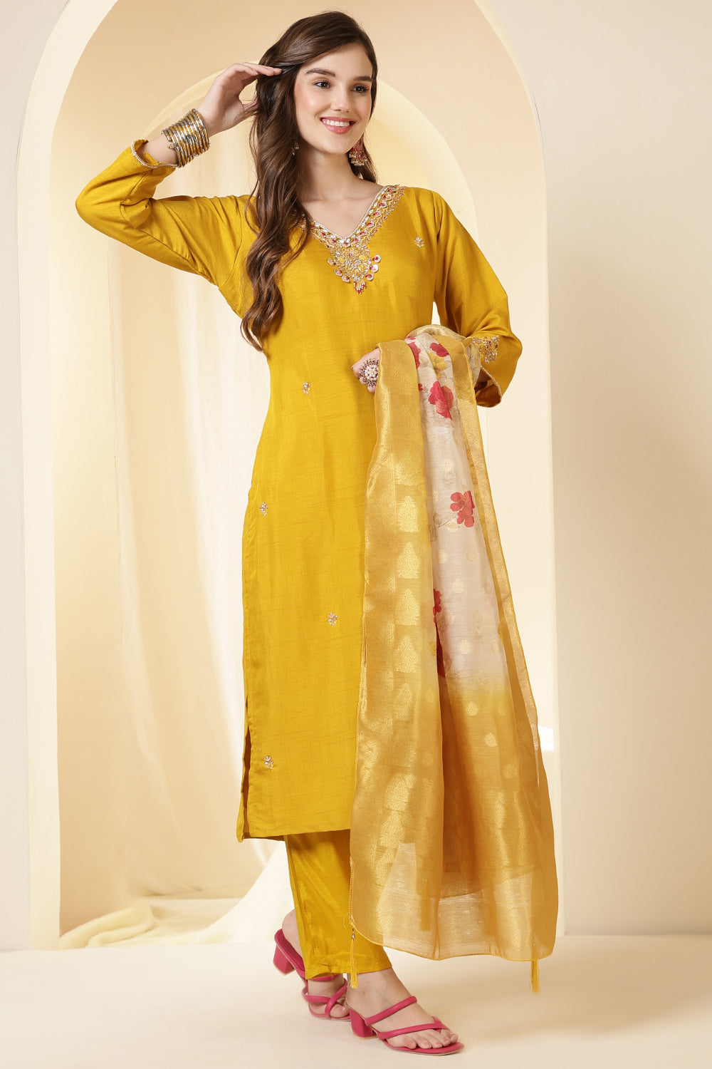 Mustard Color Silk Suit Set With Neck Embroidered & Floral Printed Dupatta