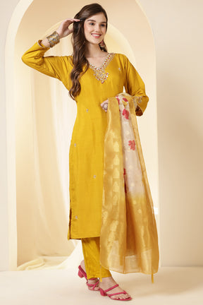 Mustard Color Silk Suit Set With Neck Embroidered & Floral Printed Dupatta