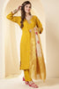 Mustard Color Silk Suit Set With Neck Embroidered & Floral Printed Dupatta