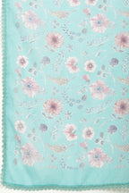 Sea Green Organza Floral Printed And Lace Work Saree