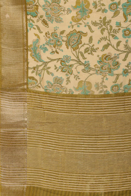 Beige & Olive Green Cotton Silk Floral Printed Saree
