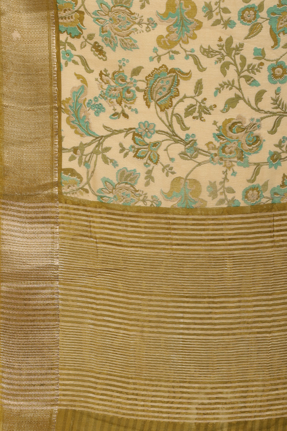 Beige & Olive Green Cotton Silk Floral Printed Saree