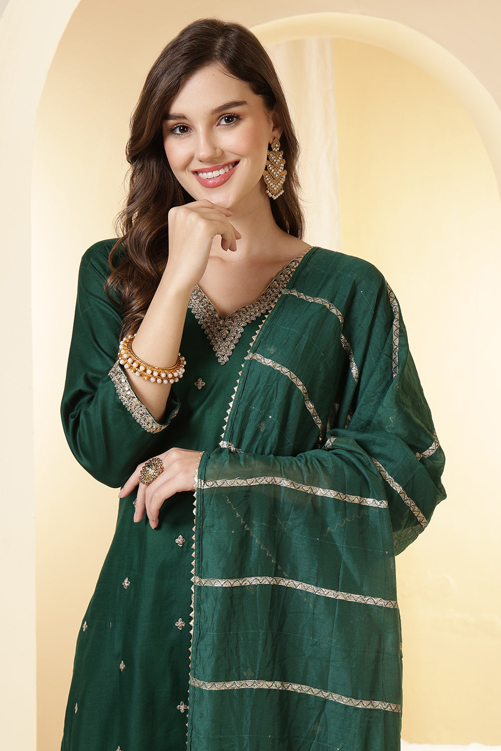 Green Color Silk Embroidered Suit Set