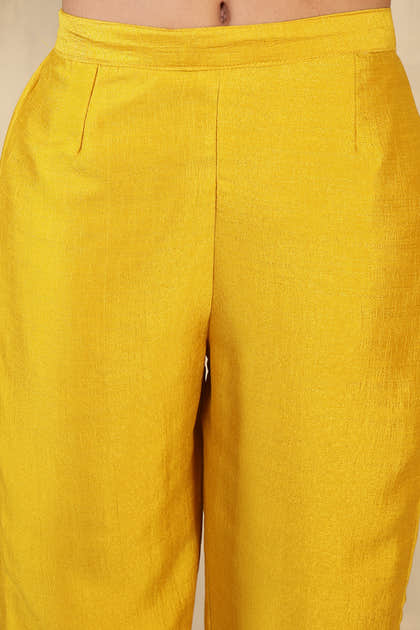 Mustard Crepe Silk Neck Embroidered Suit