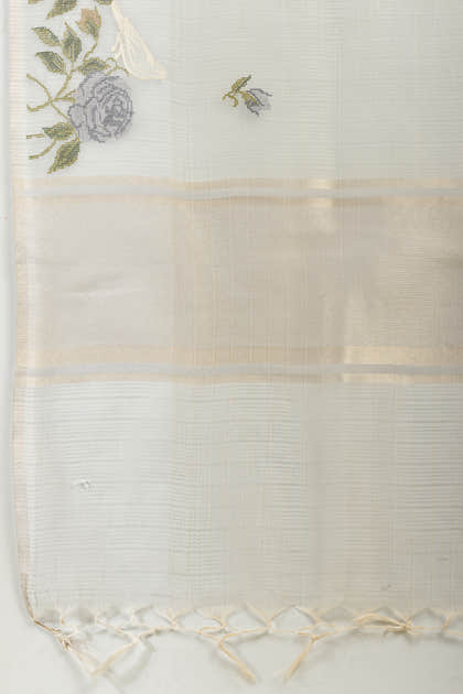 Grey Kota Cotton Floral Resham Embroidered And Zari Woven Saree